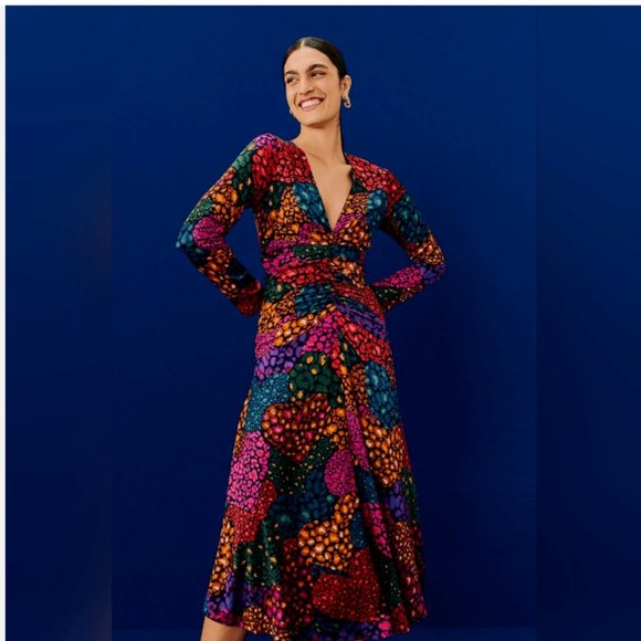 FARM RIO RAINBOW HEARTS LONG SLEEVE V-NECK MIDI DRESS sz S - Picture 1 of 9